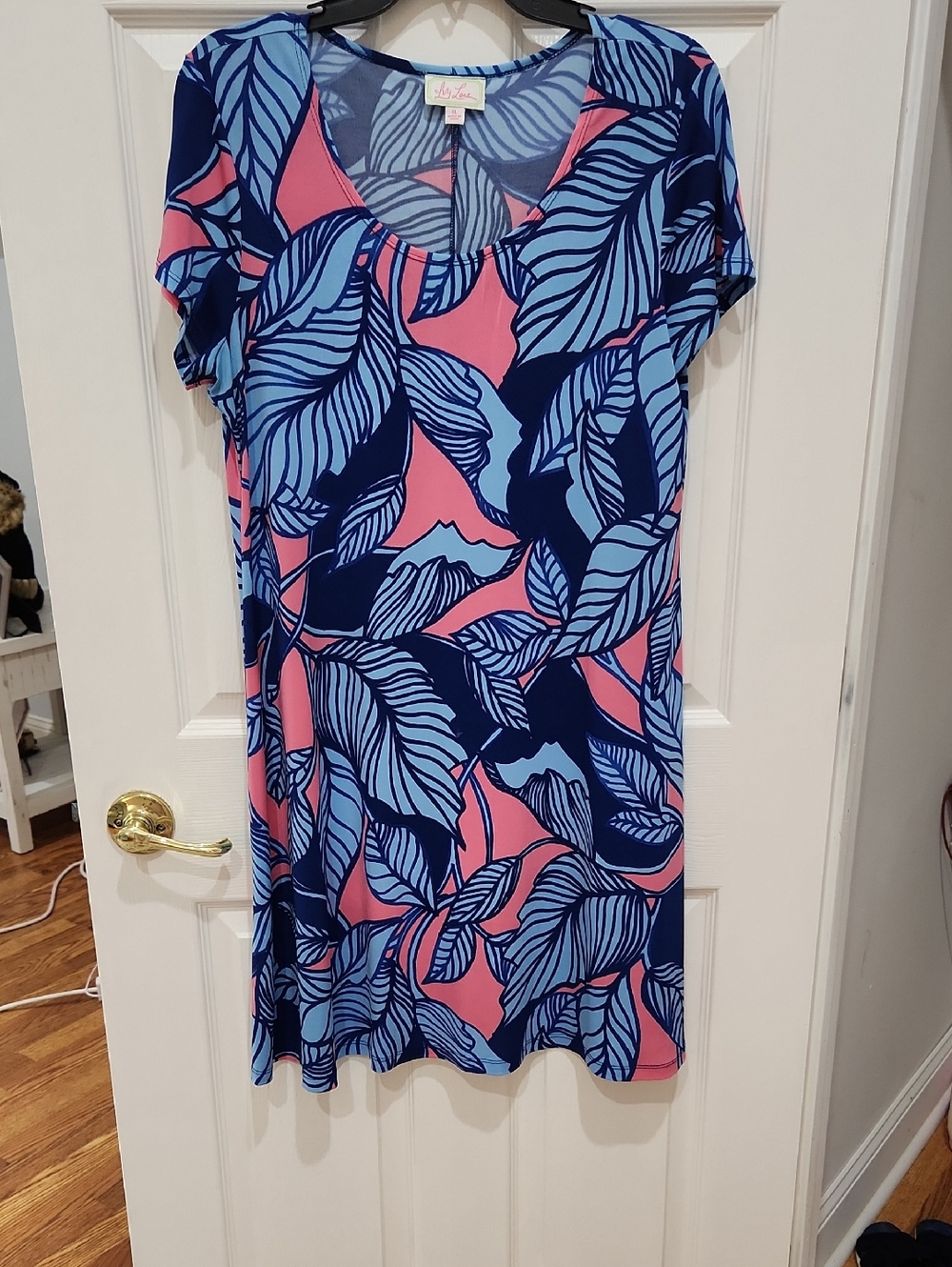 IVY LANE DRESS, KNEE LENGTH 38" L, SZ XL BUST 42 ", PINK AND BLUE FLORAL PRINT